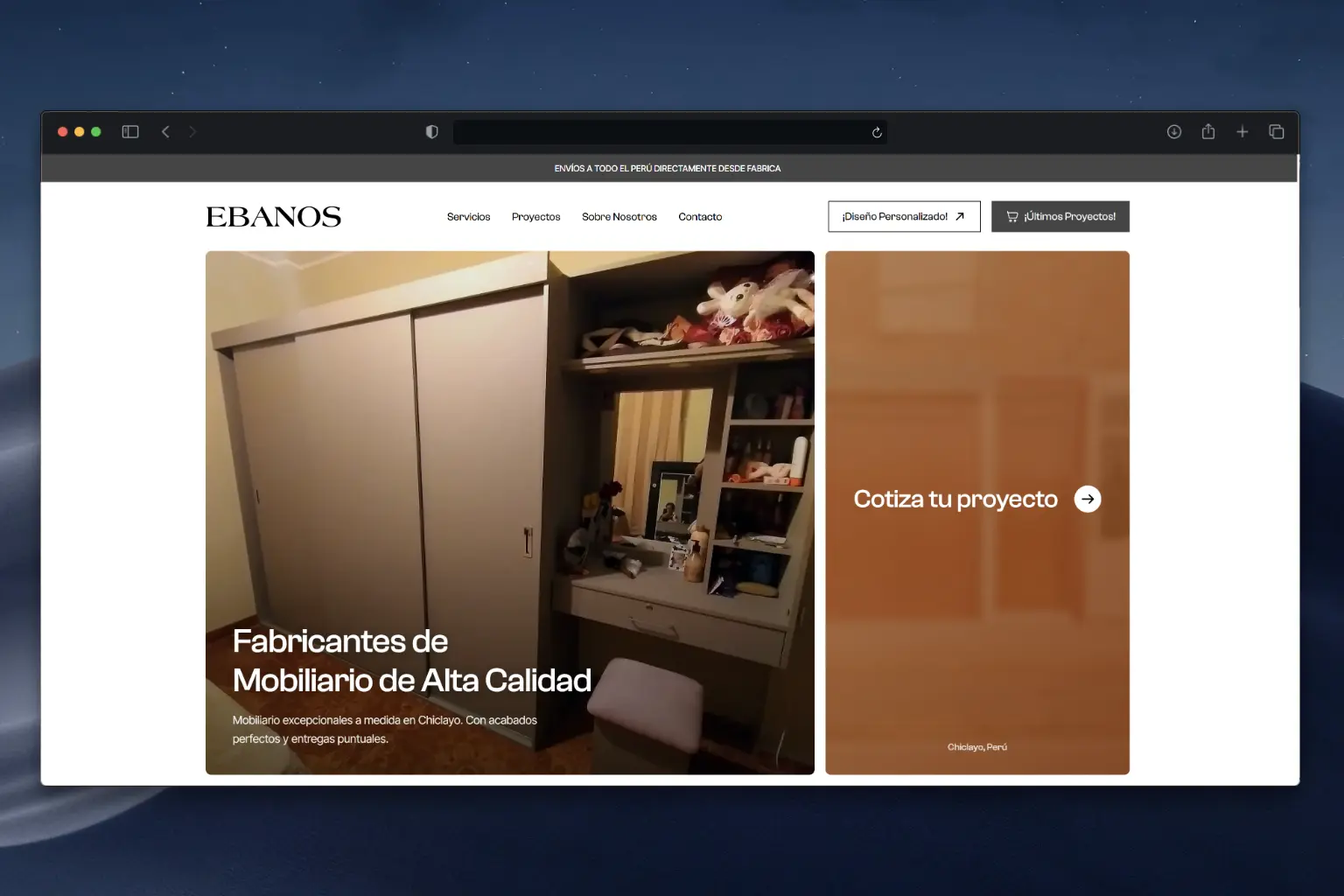 Vista previa de la landing page de Ebanos Muebles destacando productos de mobiliario elegante