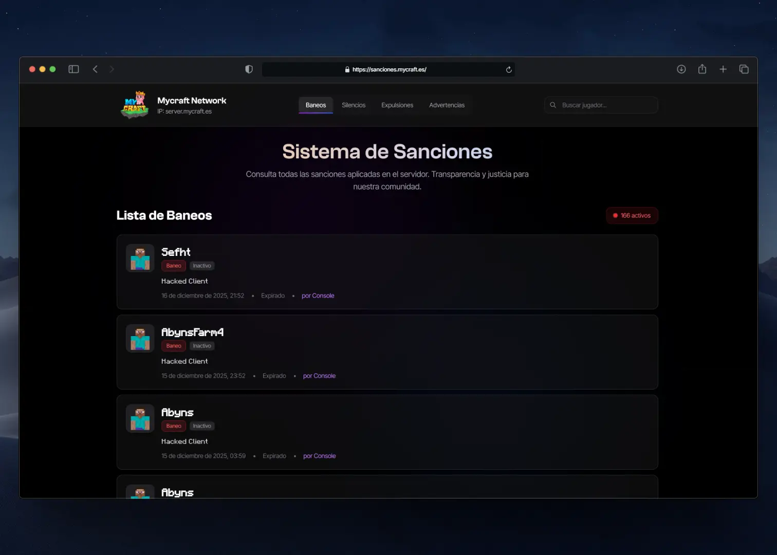 Vista previa de la plataforma de sanciones de Mycraft mostrando el historial de sanciones de jugadores